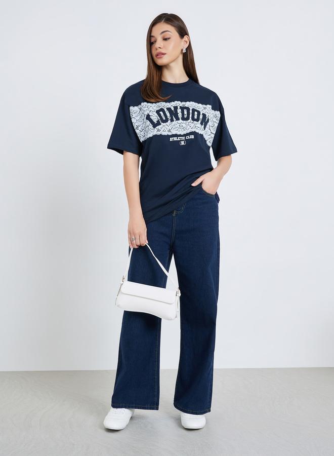 Styli Women Navy Blue London Slogan Oversized T-Shirt - Image 2